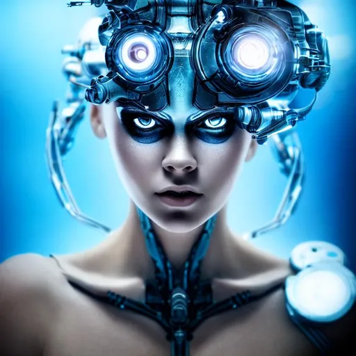 Prompt: 3d beautiful cyborg, high detail, beautiful eyes, glamour shot, photography, centered, dark lighting, underwater 