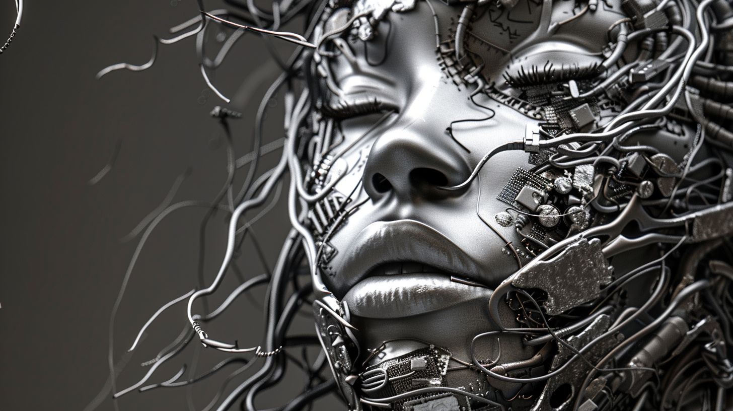 Prompt: 3d female face entwined with circuitry,, dark silver and onyx palette, afrofuturistic aesthetic, ornate circuitry-inspired body-art, digital fragmentation, android-esque elements, sleek latex composition, minimalist textural approach