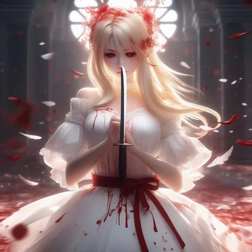 Prompt: 3d anime woman covered in blood angelic blonde hair and white dress with a knife and beautiful pretty art 4k full HD