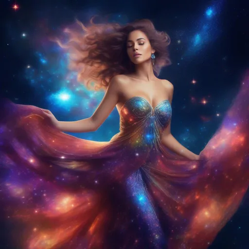 Prompt: colorful, sparkly, exquisite, glowing Goddess in a flowing, filmy dress, incredible all body form of a incredible bodied, incredibly beautiful faced woman with a buxom perfect body falling backwards through space, nebulas, stars, planets, the milky way and galaxies