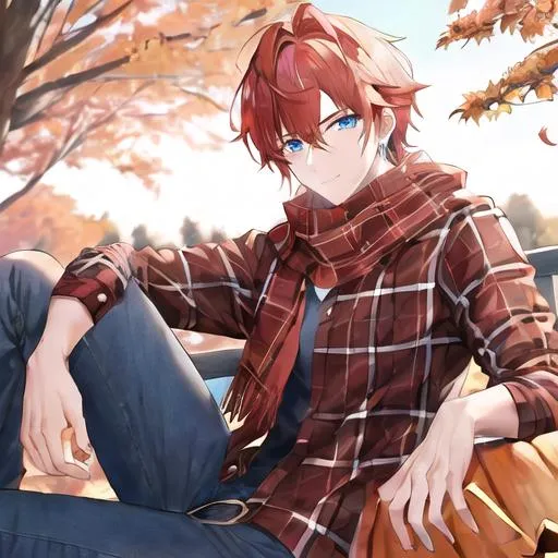 Prompt: Zerif 1male (Red side-swept hair covering his right eye, blue eyes), highly detailed face, wearing a cozy flannel shirt and a pair of stylish jeans. In the park, fall.  wearing a scarf, looking up at the sky, in a pumpkin patch, adult. Handsome,  detailed, UHD, HD, 4K, highly detailed, red haze, masculine, anime style