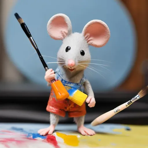 Prompt: Tiny mouse holding a paint brush toy, standing character