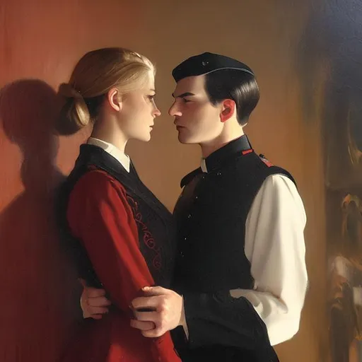 Prompt: Close up, tall man dark hair uniform standing over a short blond girl, against a wall, dimly lit, romantic painting