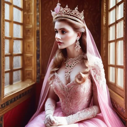 Prompt: a beautiful queen  sitting near the window. she wearing a beautiful pink gown and wearing medium size diamond crown


