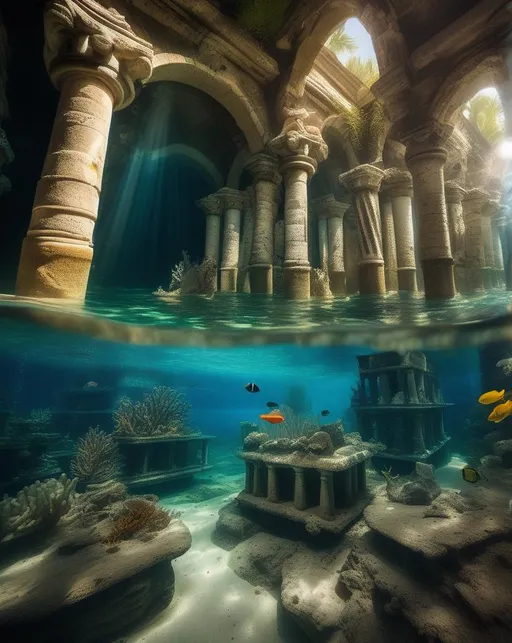 Prompt: An underwater image of the legendary sunken city of Atlantis, with ornate ancient pillars, arches and statues covered in coral and sea plants swaying gently in the currents. Schools of bright tropical fish swim through the ruins. Shot with a Canon 5Ds in an underwater housing, using a 16-35mm wide angle lens and strobes to illuminate the scene. The lighting rays down through the blue water, casting an otherworldly glow over the long lost city. The mood is haunting yet beautiful, like discovering a shipwreck. In the style of Alphonse de Neuville.