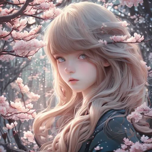 Prompt: (masterpiece) (highly detailed) (top quality) (anime style) instagram able, 1girl, reflections, depth of field, 2D illustration, professional work (cinematic shot)long hair, blonde hair, centered shot from below, dark blue eyes, with her cat, cherry blossom forest.