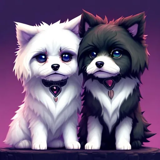 Prompt: two small chibi fluffy puppies wearing cool costumes, one puppy is all black and the other puppy is all white, on a blood moon Halloween night, autumn forest colours, sparkling eyes, embers in eyes, shining eyes, sharp features, fireflies, highly detailed, digital painting, trending on artstation, concept art, smooth, sharp focus, beautiful fur, expressive eyes, illustration, art by Artgerm and greg rutkowski and alphonse mucha