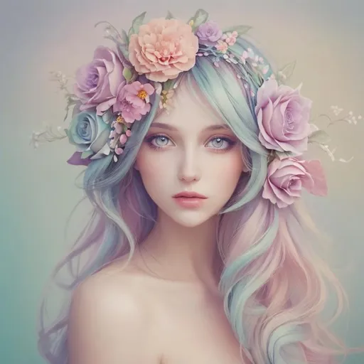 Prompt: Beautiful creation, woman with flowers in her hair, pastel colors