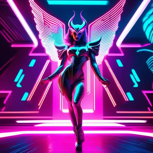 Prompt: a beautiful female demon in a dynamic pose in a retro futuristic synthwave cyberpunk neon paradise.  neon lighting, high quality, beautiful, masterpiece, artistic, synthwave, cyber, retro, futuristic