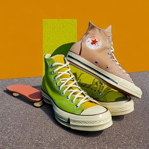 Prompt: Lime yellow and brown background(two tone). Lookalike Converse chuck 70 sneaker facing vertical up with a skateboard(pixel shape)

Rubbix cube skateboard 