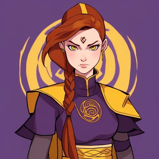 Prompt: Avatar: The Last Airbender oc. The Daughter of an Airbender and scottich woman. She has auburn hair and is filled with vengence. Celtic tattoo, purple and yellow outfit, anime style. Atla. Airbender 