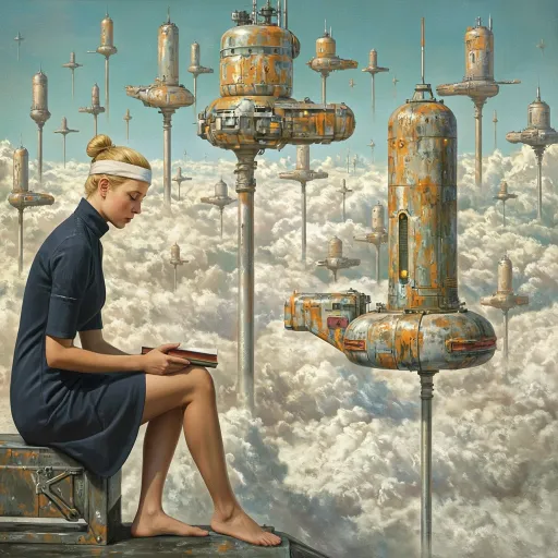 Prompt: This is a digital painting in a realistic, gritty, science fiction style with natural proportions and detailed facial features.

The central subject is a blonde woman with her hair tied in a bun, wearing a white headband and a navy blue, short-sleeved, form-fitting dress in the style of a flight attendant that ends just above her knees. She is sitting with her legs crossed, barefoot, and holding a closed book in her left hand while resting her chin on her right hand. Her expression is contemplative as she gazes downward.

The background features a futuristic, cityscape filled with numerous, metallic columns and beams that stretch up from below the clouds, supporting futuristic industrial buildings of varying sizes, futuristic oblong and oval shapes.  The buildings are colored with varying grimy metallic-industrial hues, all with intricate details such as windows, antennas, and small, lit areas creating a crowded, chaotic sky-scape.  
The buildings are each individually supported, held up above the clouds, by metallic beams and columns that stretch downward into and below the clouds. These structures are surrounded by a layer of dirty industrial-smog tinged clouds. Several small futuristic aircraft are flying in the distance. The sky is light blue, contrasting with the dirty color of the clouds adding a sense of depth and vastness to the scene.

The woman is seated to one side of the image, on a metallic ledge overlooking the cloud-city with visible structural beams and a slight texture, indicating it might be part of a larger aircraft or platform. The overall color palette is dominated by industrial metallic tones and palette offset by the contrasting cool blue of the sky, creating a serene yet futuristic atmosphere. The attention to detail and realistic rendering give the painting a sense of realism within a fantastical setting.
