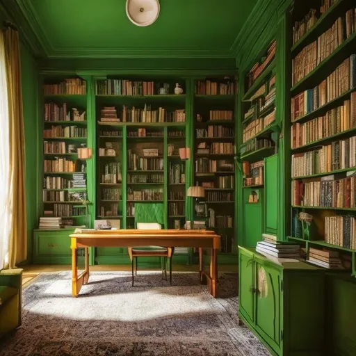 Prompt: a LOFI study room with a big modern desk and behind a library with books, use only green colors and make it look like a dali painting 

