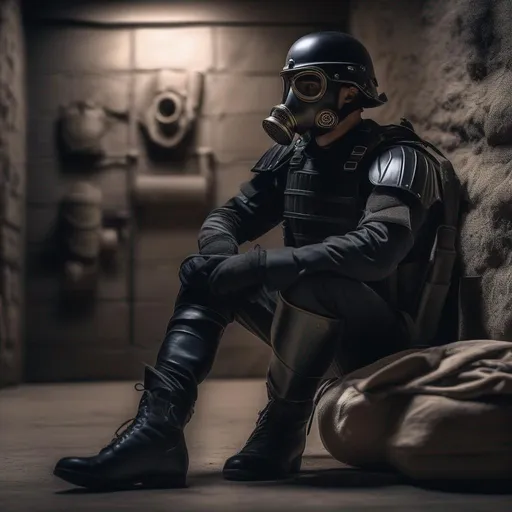 Prompt: A depression modern roman military male in black military roman armor, and gas mask, sitting in floor, background bunker, Hyperrealistic, sharp focus, Professional, UHD, HDR, 8K, Render, electronic, dramatic, vivid, pressure, stress, traumatic, dark.