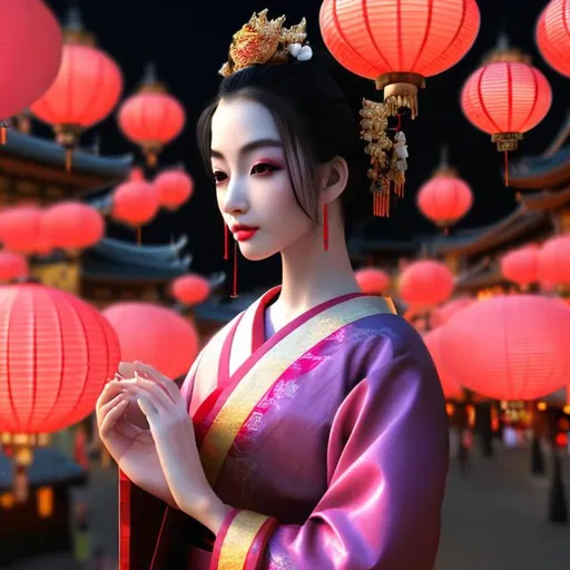 Prompt: HD 4k 3D professional modeling photo hyper realistic beautiful enchanting japanese geisha woman dark hair pale skin dark eyes gorgeous face traditional pink dress and jewelry magical buddhist temple at night landscape lanterns hd background ethereal mystical mysterious beauty full body