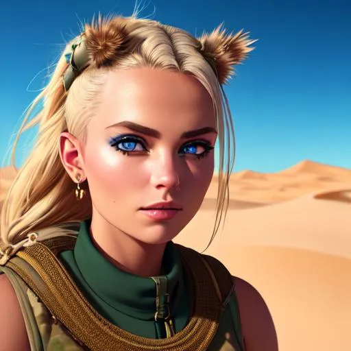 Prompt: tank girl,  on top of a tank in the desert dunes,  beautiful face, pretty hair, beautiful eyes, color palette, 8k super realistic, intricate details, 3d octane rendering, detailed, realistic, ultra realistic, hyper detailed, , hyper realistic texture, incredibly perfect, incredibly majestic in its complexity, surreal textures, otherworldly photorealism, 8k rendering, LUMION 6 rendering,ray tracing