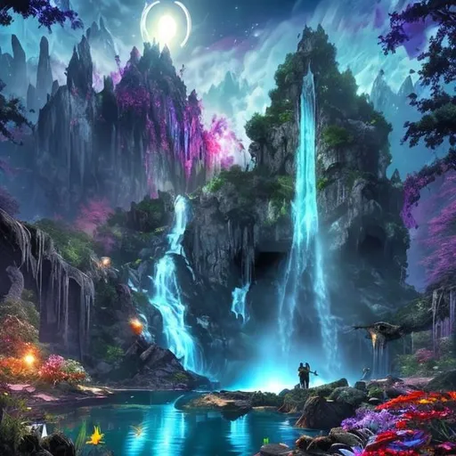 Prompt: Epic beautiful waterfall next to a large pond surrounded by bright colorful flowers at night under a full moon at night dungeons and dragons style 
