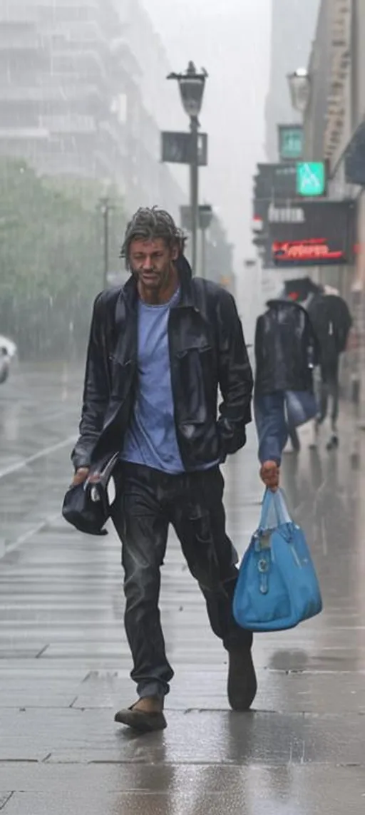 Prompt: A rough and attractive man in the rain on the street