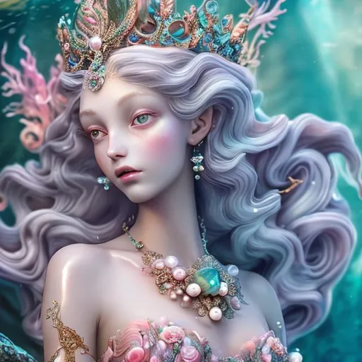 Prompt: Mermaid lady, having crown, fined features, 8K, big eyes, pink lips, long flowy and wavy hair, shell jewellery. Glossy sking wearing beautiful pearl dress, AI.