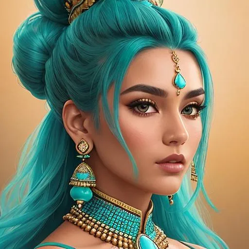 Prompt: An extremely gorgeous woman,  with top knots full of turquoise jewels, in color scheme of turquoise and gold,facial closeup