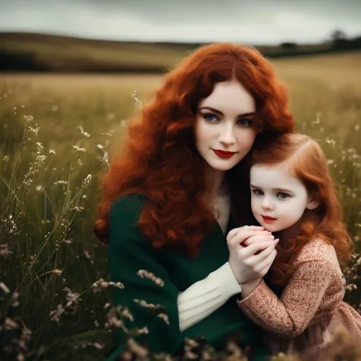 Prompt: mother have brown curly hair,pale skin , with her red haired daughter,1960s aesthetic, British landscape , high quality, 4k, details ,vintage ,analog filter, perfect composition, hyperrealistic, super detailed, 8k, high quality, trending art, sharp focus, intricate details, highly detailed