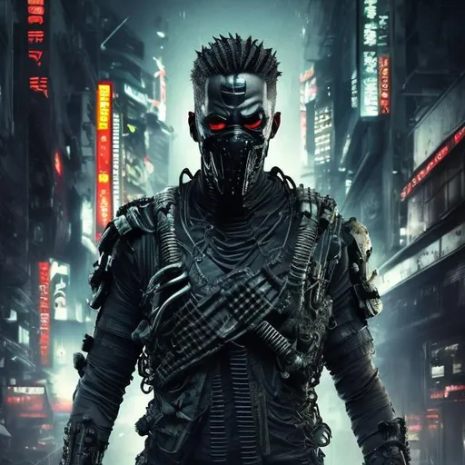 Prompt: Original villain. Future military armour with black and neon trim. Slow exposure. Detailed. Male masked. Dirty. Dark and gritty. Post-apocalyptic Neo Tokyo. Futuristic. Shadows. Sinister. Brutal. Intimidating. Evil. Bionic enhancements. Fanatic. Intense