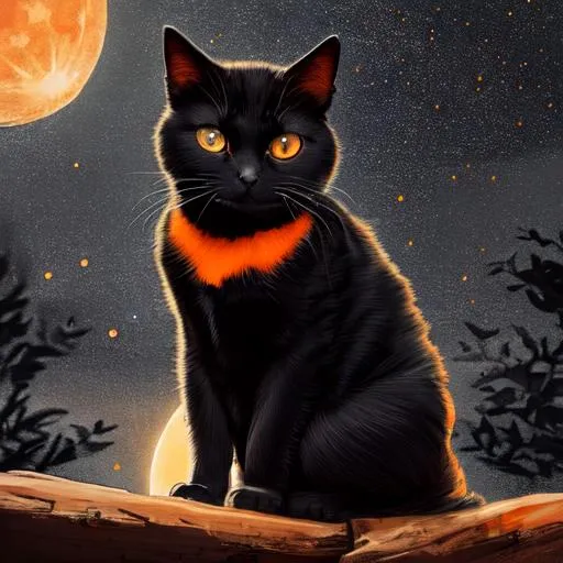 Prompt: A black and orange cat sits under the full moon in a starry night sky, hyperdetailed features, photorealistic, high quality, trending on artstation