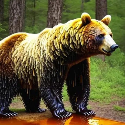 Prompt: real bear covered in honey  in a green beautiful forest