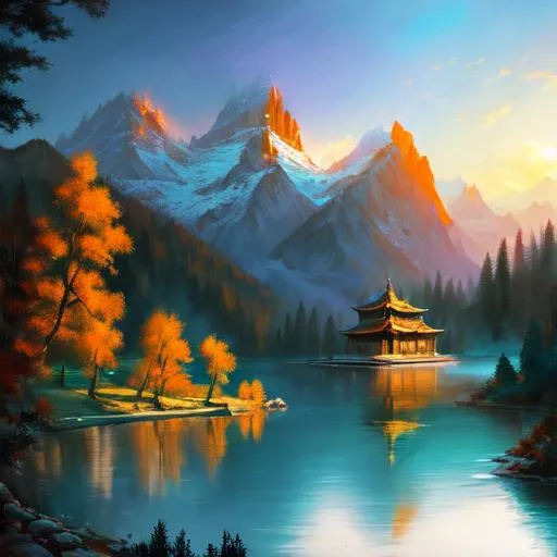 Prompt: chinse landscape, lake, mountain, ancient temple, dark fantasy world, (best quality)), ((illustration)), ((masterpiece)), hyperrealistic, cinematic lighting
