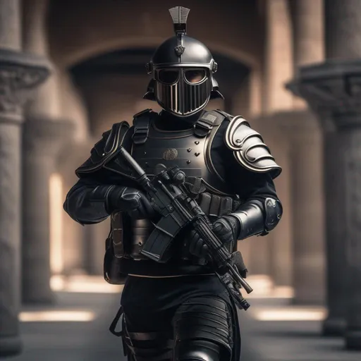 Prompt: A modern roman military male in black military armor galea helmet of roman armor, with a gunfire and gas mask, background military base, FULL BODY, Hyperrealistic, sharp focus, Professional, UHD, HDR, 8K, Render, electronic, nervous vibe, loud, tension, dark, Epic