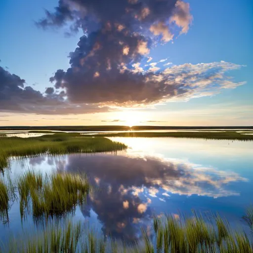 Prompt: long shot scenic professional photograph of a calm bay with marshy beaches, a black oil spill stains the water and grasses near the marshes, bright blue skies, white puffy clouds, sun reflecting off of slightly wavy water, perfect viewpoint, highly detailed galaxy background, wide-angle lens, hyper realistic, with dramatic sky, polarizing filter, natural lighting, vivid colors, everything in sharp focus, HDR, UHD, 64K, soft colors, natural colors, SF, 