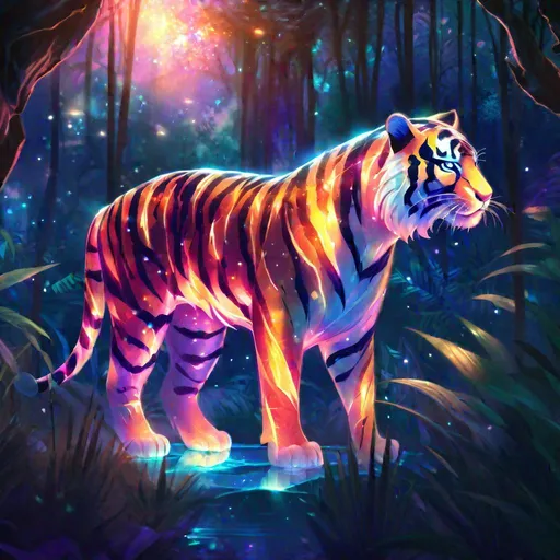 Prompt: An fantasy translucent tiger that is glowing, in a jungle, beneath the stars, sunset, highres, best quality, concept art