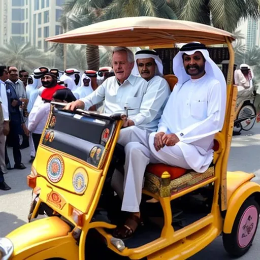 Prompt: President Bush driving auto rickshaw on streets of dubai
