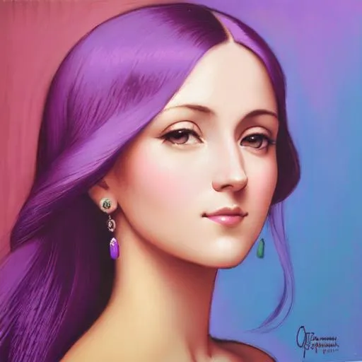 Prompt: A portrait of a woman in the style of Leonardo De Vinci wearing purple c!othes, pastel background