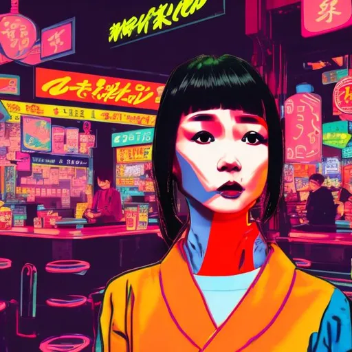 Prompt: long shot of a young lady in a tokyo restaurant, realistic, futuristic, 4K, in the background the metaverse, neon, in the style of Andy warhol, vibrant pastels