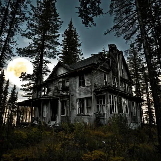 Prompt: abounded house, night ,  moon, mountain , dark forest , torch, fired trees , ghost 