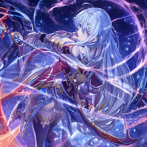 Prompt: anime opening Full-body detailed masterpiece, Realistic, fantasy art, Hyper detailed, Photo-realistic eyes, trails in the sky, blue moonlight background, flaming greatsword