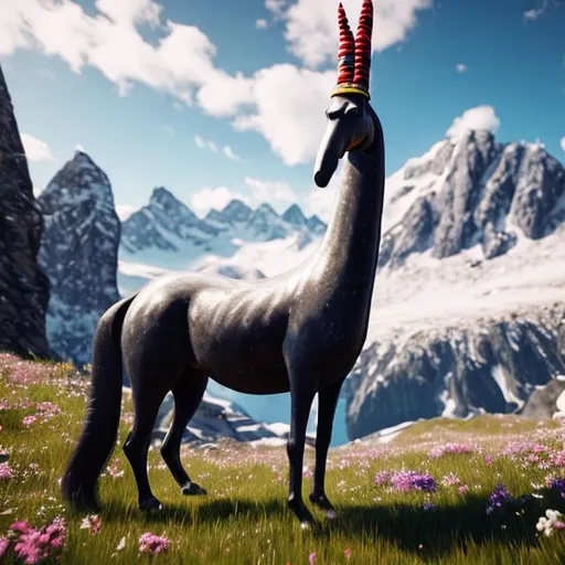 Prompt: long horse in the alps with a funny hat hyperrealistic with mountains and flowers in the background
unreal engine