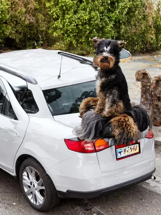 Prompt: A dog is sitting on the car