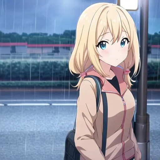 Prompt: cute girl standing at a bus stop in the middle of no where, raining, at night, blonde hair, bangs, anime studio kyoto animation A-1 Pictures P.A. Works, key visual, character design, character model, face, SHIROBAKO the anime, The Idolmaster, Japanese animation studio, Japanese artist