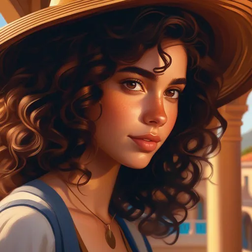 Prompt: Third person, gameplay, Puerto Rican girl, pale skin, freckles, curly brown hair, brown eyes, 2020s, smartphone, San Juan, golden atmosphere, cartoony style, extremely detailed painting by Greg Rutkowski and by Henry Justice Ford and by Steve Henderson 
