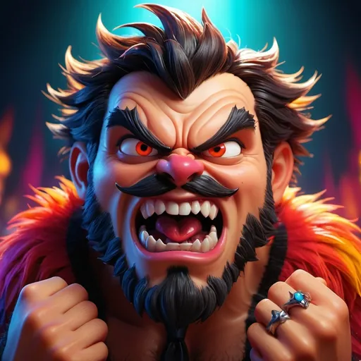 Prompt: Hairy Knuckle Harry, (fierce expression), monster, bloody, scarred, evil, razor sharp teeth and claws, demonic eyes, (scary vibe), cartoonish style, exaggerated features, colorful backdrop, bold colors, dynamic composition, playful yet menacing aura, (4K), ultra-detailed, captures the essence of a whimsical fright, inviting curiosity and humor, vibrant and engaging atmosphere.