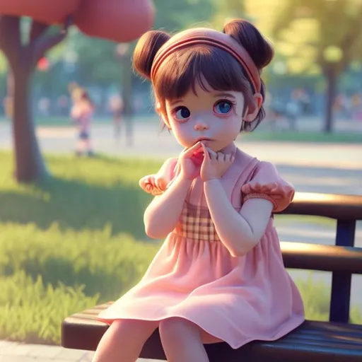 Prompt: tiny cute baby girl wearing red dress, brown hair, black headband, sitting in the bench, park in the background, sitting character, soft smooth lighting, soft pastel colors, skottie young, 3d blender render, Pixar render, polycount, modular constructivism, pop surrealism, physically based rendering, square image