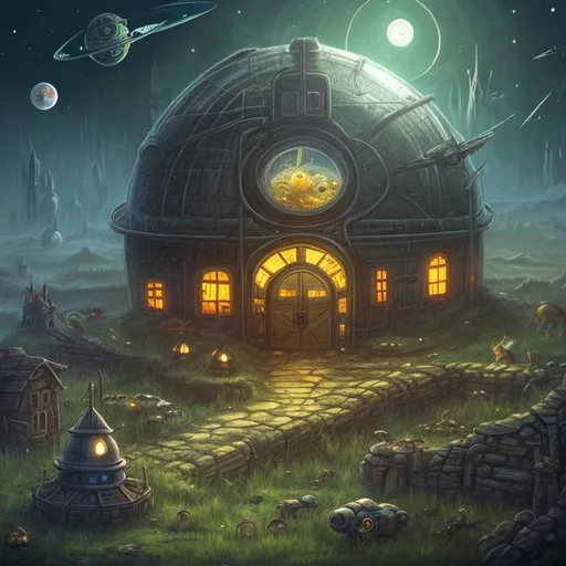 Prompt:  fantasy art style, farm in outer space, farming, farmer, glass dome, terrarium, vivarium, spacecraft, dark, creepy, evil corporation, evil, dystopian, Asia, China