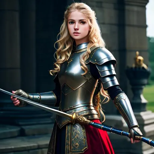 Prompt: RAW photo, a photo of 20 y.o woman in short armored holding a rapier.  dress, long wavy blonde hair, cute face, (high detailed skin:1.2), 8k uhd, dslr, soft lighting, high quality, film grain, Fujifilm XT3