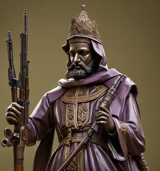 Prompt: St. Francis Xavier statue standing tall and heroic with a Dragunov SVD sniper in his arms. Color theme is purplish green.