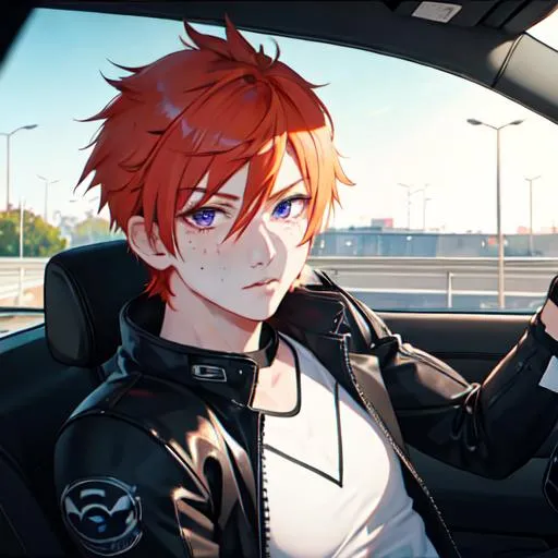 Prompt: Erikku male (short ginger hair, freckles, right eye blue left eye purple) muscular, riding a motorcycle. UHD, 8K, Highly detailed, wearing biker gear, driving on the freeway, close up