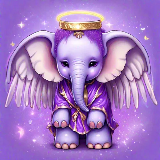 Prompt: Elephant anthropomorphic, kawaii style, angel wings, dressed in magic purple fantasy outfit, Removes human grief, sadness and anxiety, Masterpiece, Best Quality 