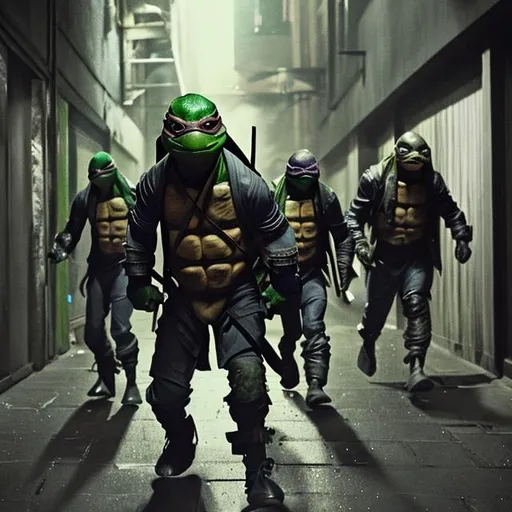 Prompt: Lone teenage mutant Ninja turtle with black mask in dark alley in the rain fighting gang