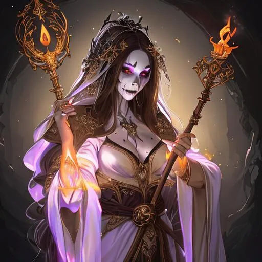 Prompt: Full body splash art portrait of a beautiful female undead sorceress casting a spell, skull nose, very long honey brown hair, wearing long light-colored floaty iridescent pearlescent robe, carrying a wooden staff, D&D, fantasy, intricate, beautiful, elegant, highly detailed, sharp focus, digital painting, artstation, concept art, 4k, 8k